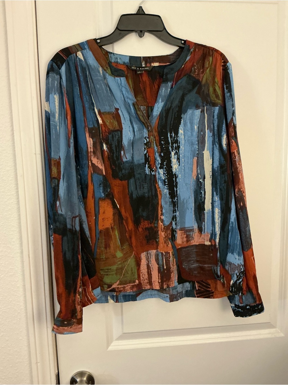 Zac & Rachel Women's Large Abstract Brushstroke Henley Blouse Long Sleeve